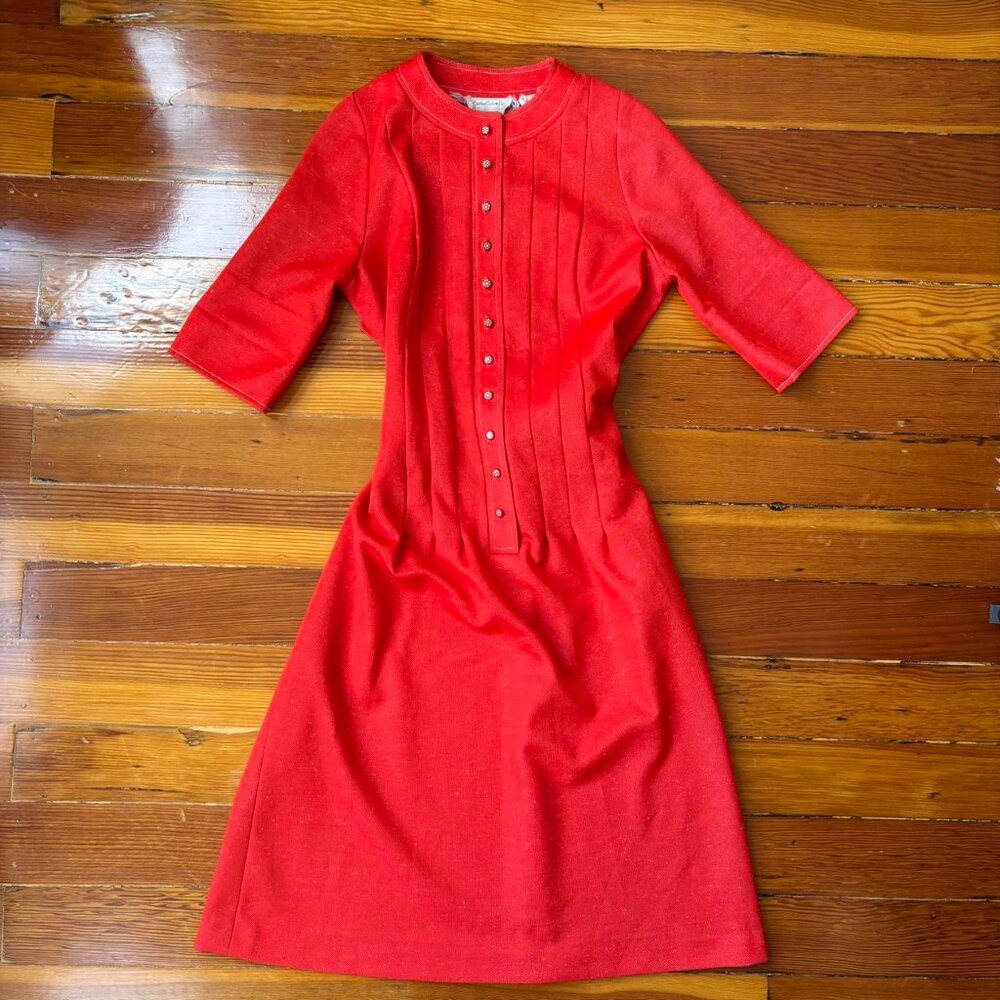 60s Vintage Orange Red Midi Dress with Floral Buttons Nardis of Dallas SMALL
